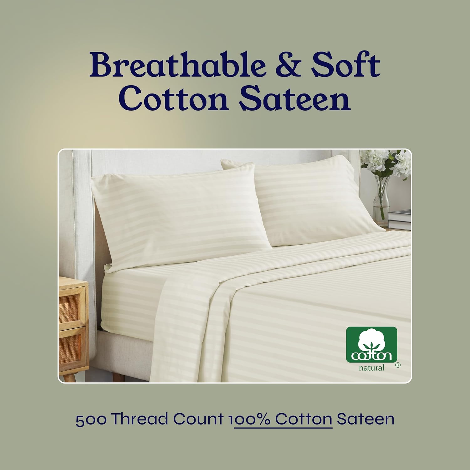 Thumbnail 3 de California Design Den 4-Piece King Sheet Set (500 Thread Count Sateen, Deep Pocket) - Striped Ivory