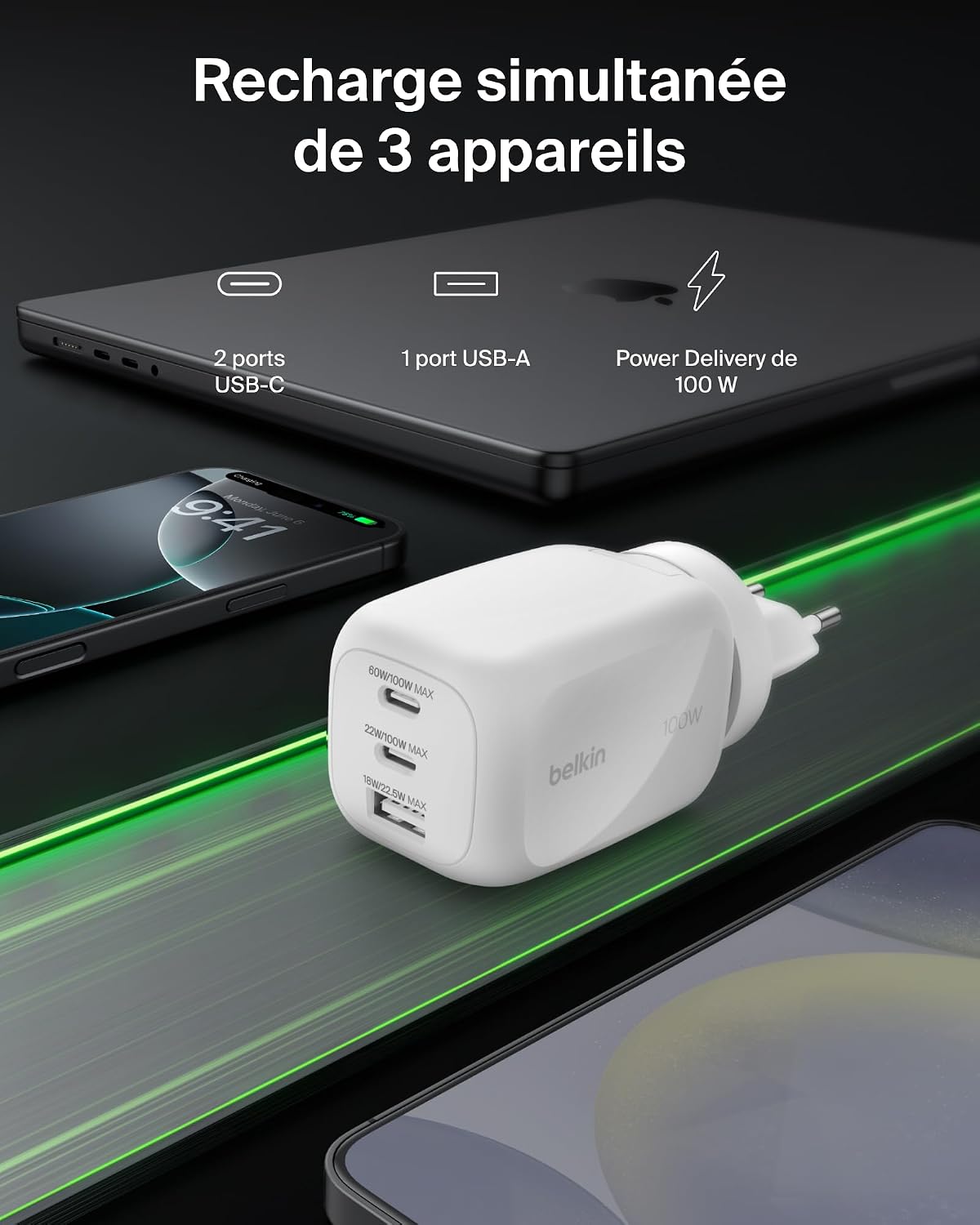 Detalle 2 de Belkin Chargeur GaN 3 Ports USB‑C 100 W