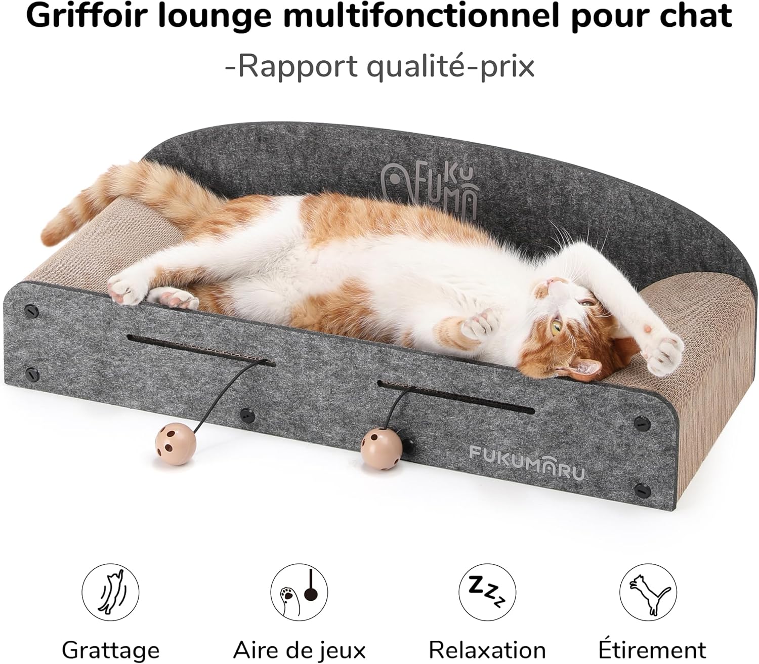 Thumbnail 1 de FUKUMARU Grattoir pour chat de 66 cm en carton recyclable – grande chaise longue, 2 griffoirs réversibles