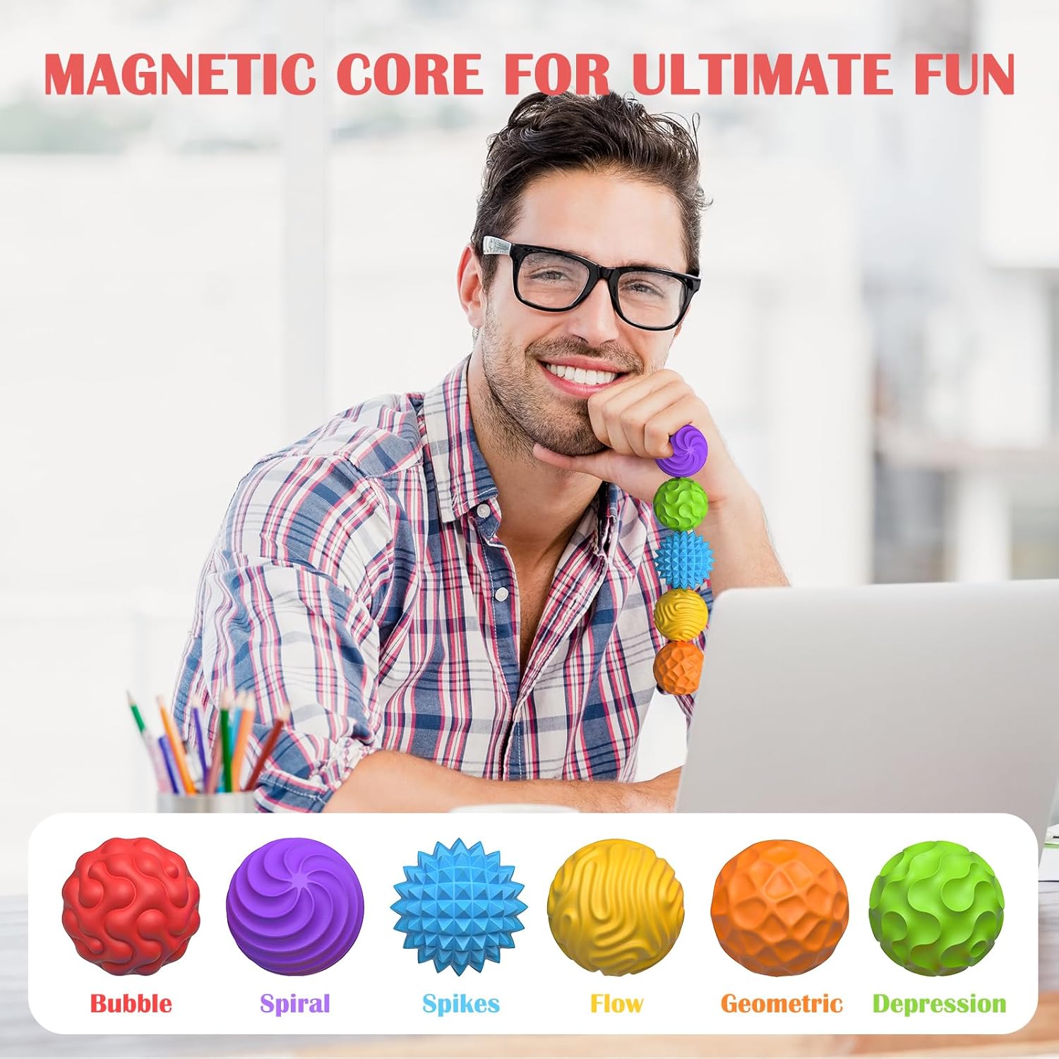 Thumbnail 5 de Magnetic Balls Fidget Toys (6 pcs) – Silicone-coated magnetic stress relief balls for adults, teens & desk use
