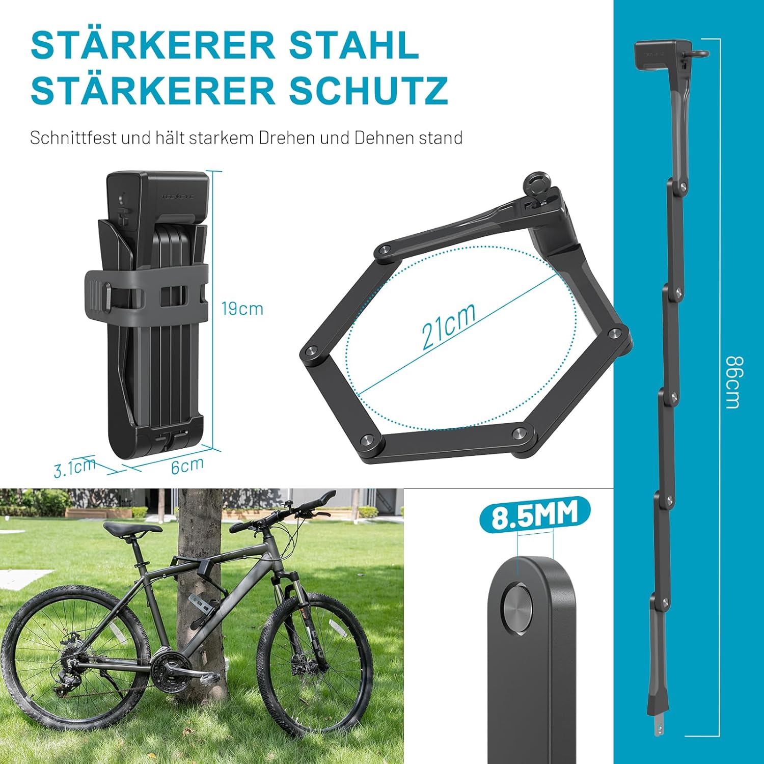 Detalle 2 de TECHCYC Faltschloss 86 cm Fahrradschloss mit 3 Schlüsseln