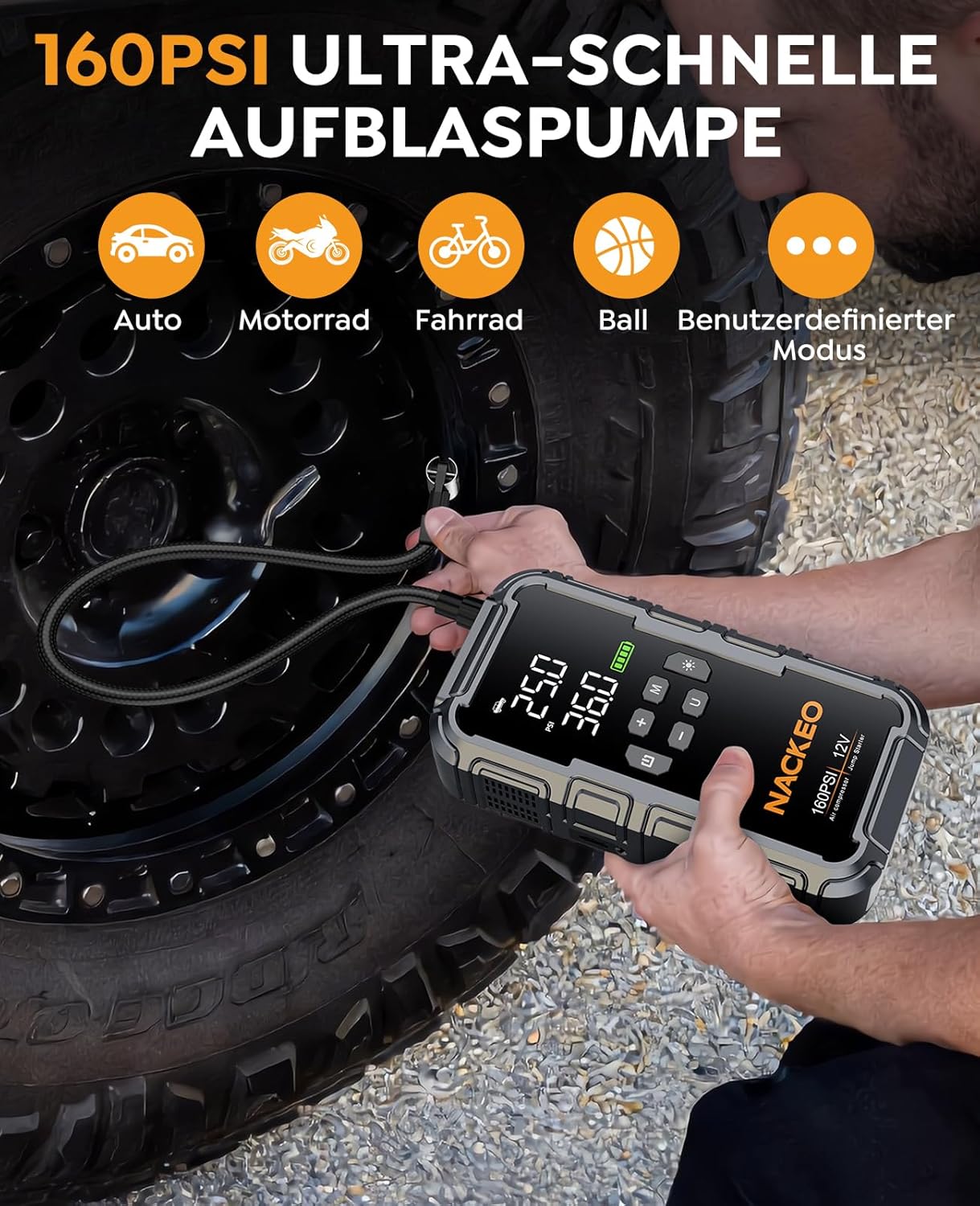 Detalle de 8000A Starthilfe Powerbank mit Kompressor – All-in-One Jump Starter inkl. 600 lm LED und 160 PSI Kompressor