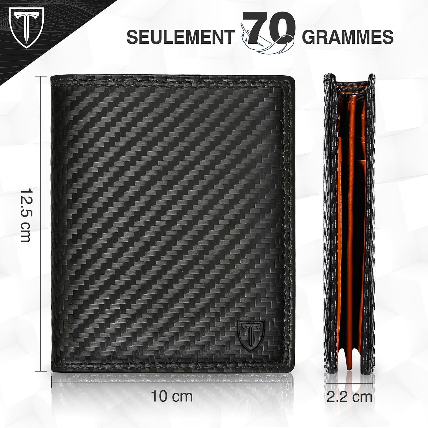 Detalle de TEEHON Portefeuille Vertical en Cuir Carbone RFID – 11 emplacements, 2 fenêtres et 3 volets