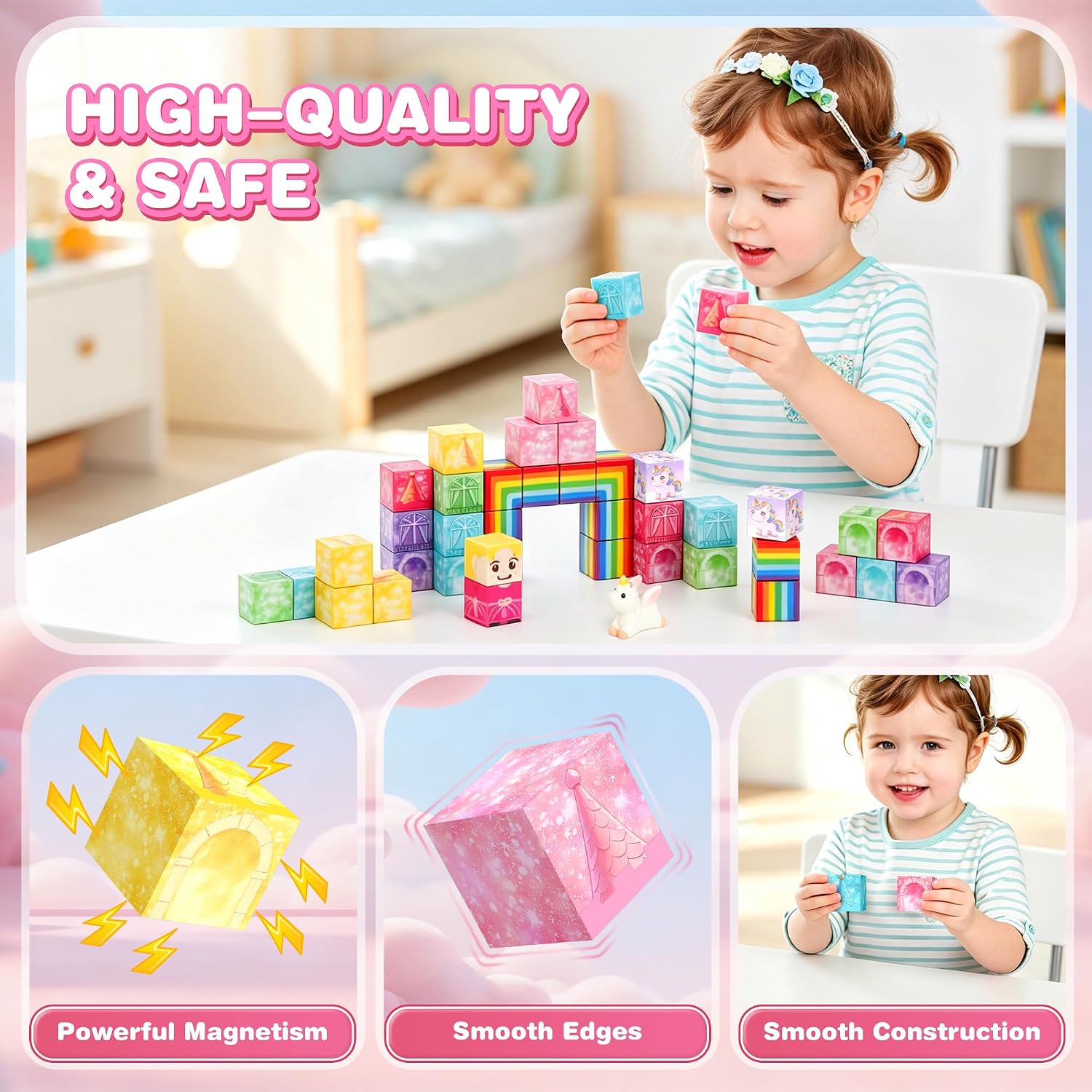 Detalle de Mini Magnetic Blocks Travel Set, 52-Piece Unicorn Building Cubes with Tin Case