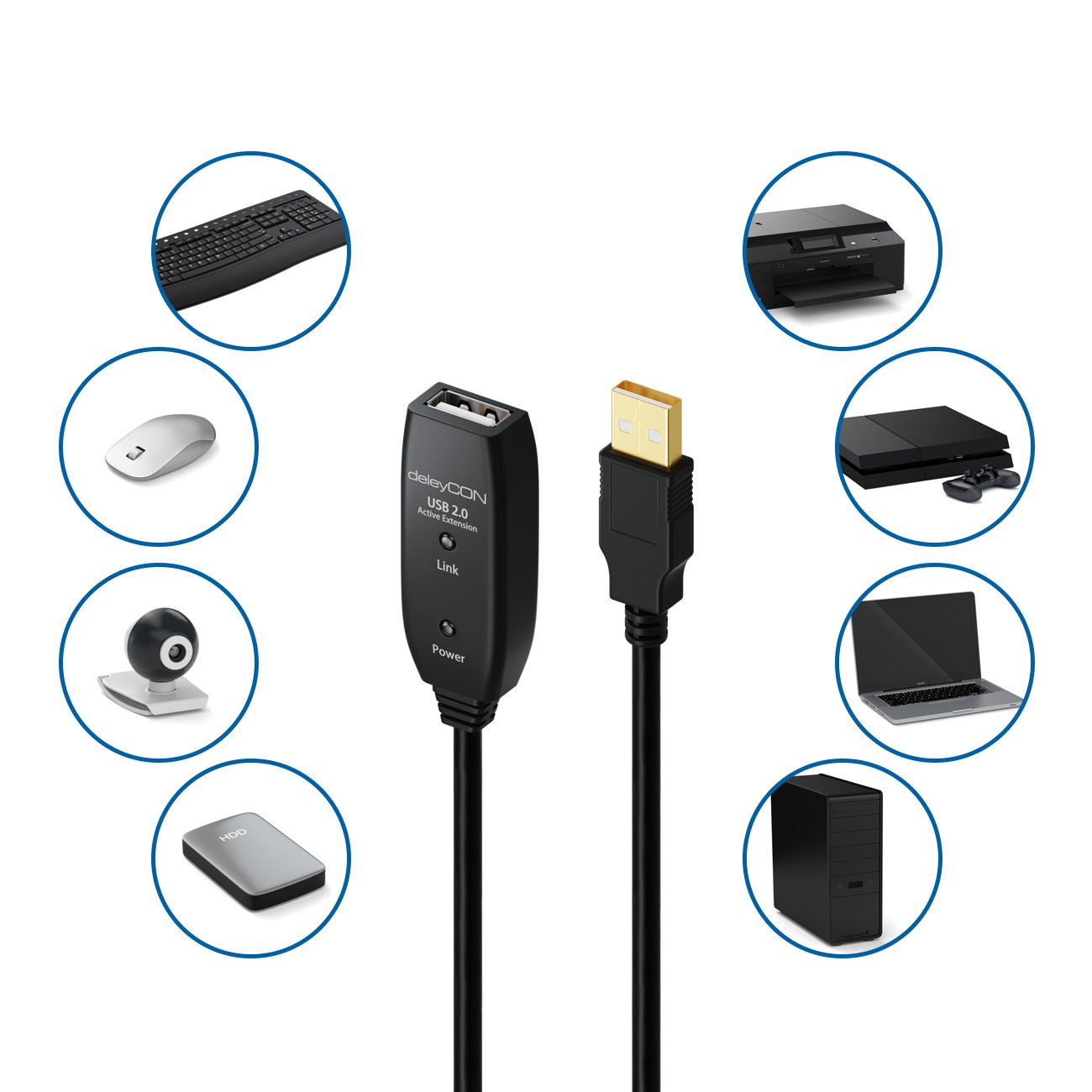 Detalle de deleyCON 5m USB 2.0 Verlängerungkabel Repeater-Kabel Aktiv mit Signalverstärker – USB-A auf USB-A, Schwarz