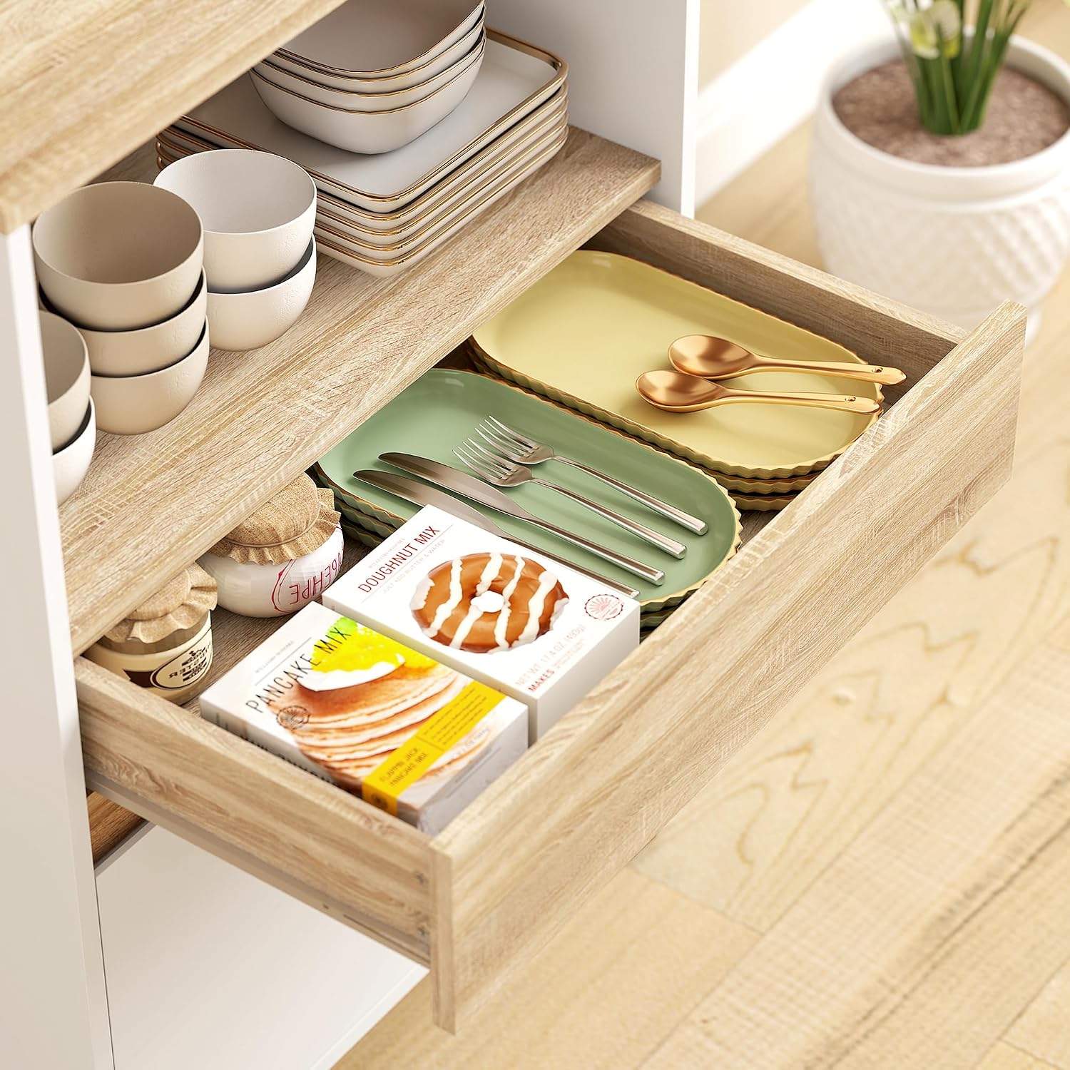 Thumbnail 6 de HOMCOM Meuble micro-ondes avec buffet et rangement 60 x 40 x 131 cm chêne et blanc