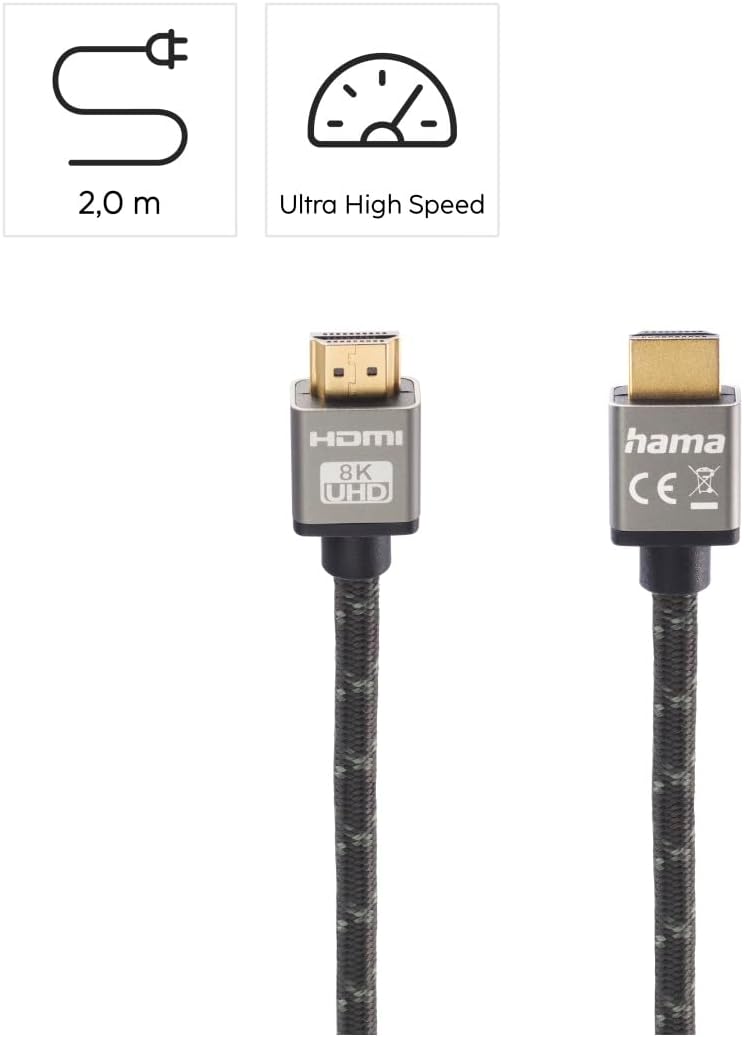 Thumbnail 1 de Hama câble HDMI ultra haute vitesse certifié (mâle-mâle) gris/noir, 2 m, 8K@60 Hz et 4K@120 Hz