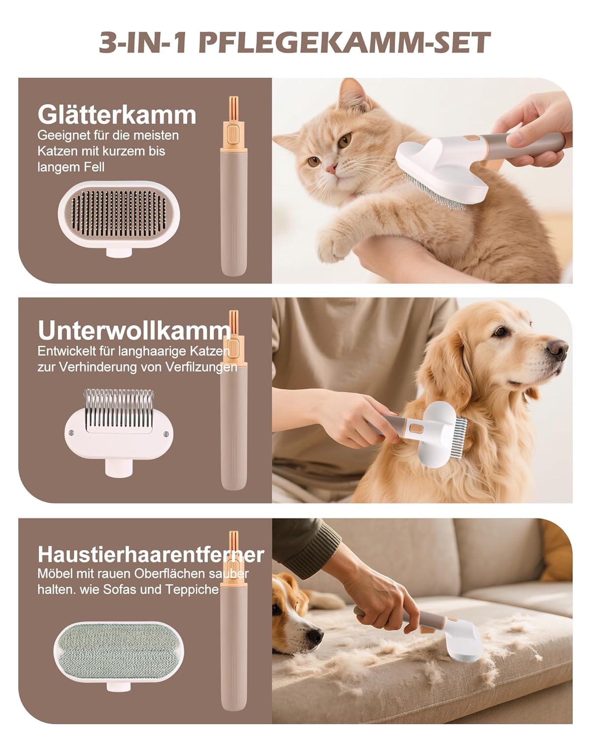 Thumbnail 6 de Razobws 3-in-1 Katzenbürste für Langhaar & Hund – selbstreinigender Haarentferner, Entwirrkamm und Pflegebürste