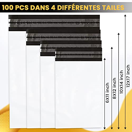 Detalle de UGIX Enveloppe Plastique Expedition — Lot de 100 enveloppes auto-adhésives, 4 tailles, blanc