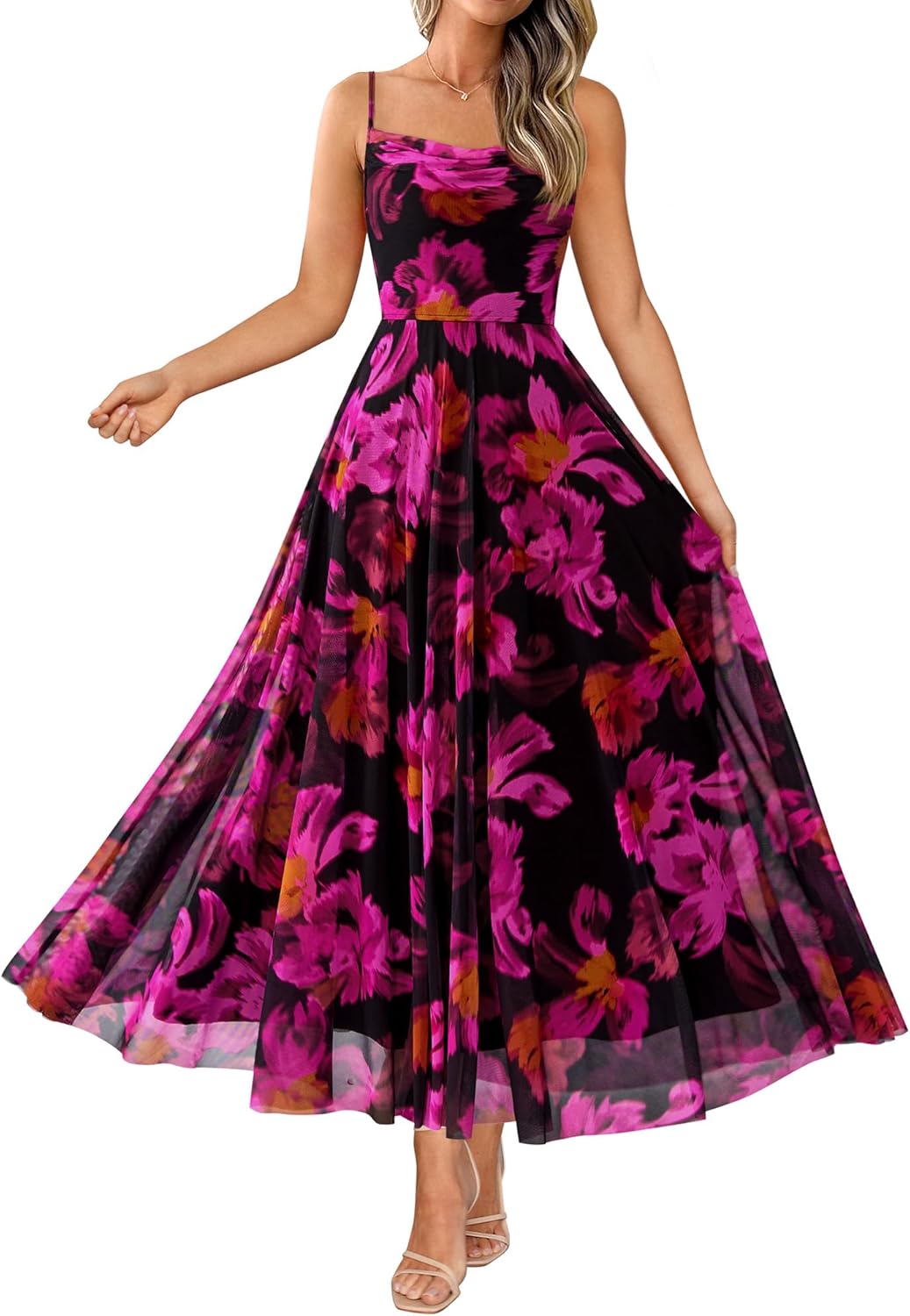 Detalle de BTFBM Women Summer Floral Maxi Dress with Elegant Spaghetti Straps