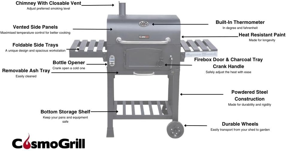 Thumbnail 3 de CosmoGrill Outdoor XL Smoker Charcoal BBQ with Built-in Thermometer, Adjustable Charcoal Pan & Wheels