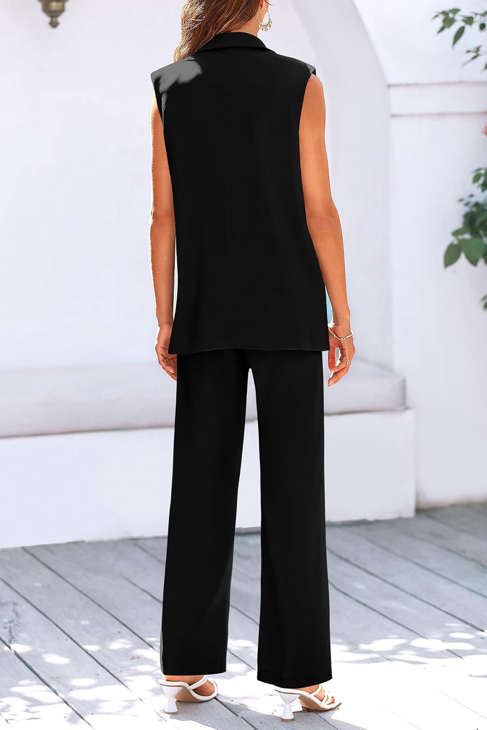Detalle de PRETTYGARDEN Women's 2 Piece Sleeveless Vest and Wide Leg Pants Suit Set