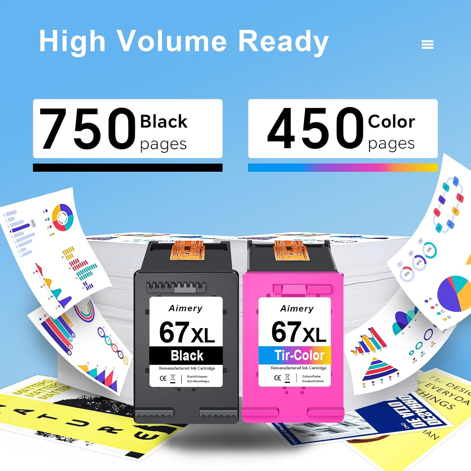 Detalle de Aimery 67XL Ink Cartridges, Black and Tri-Colour 2-Pack with Upgraded Chip