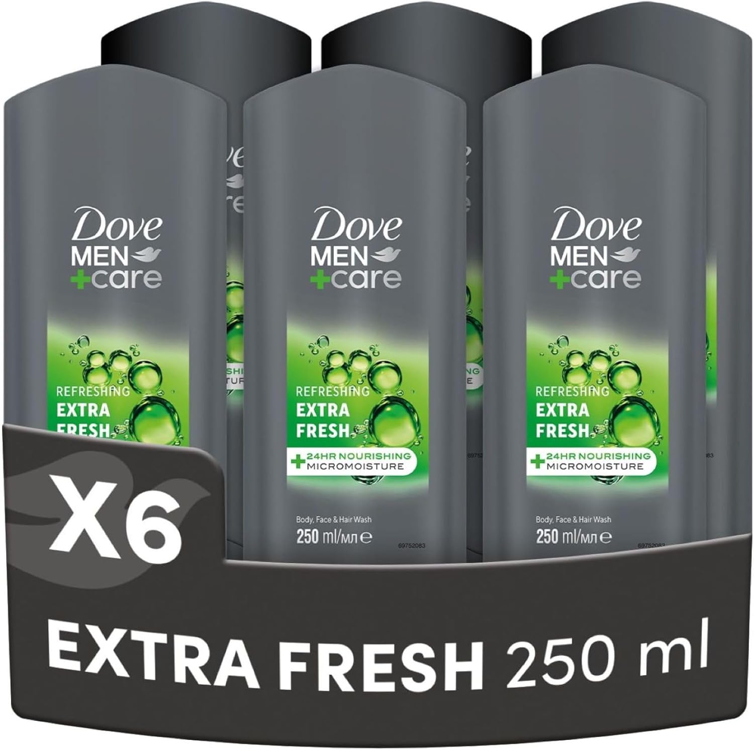 Detalle de Dove Men+Care Extra Fresh 3-in-1: docciaschiuma idratante 6x250 ml per corpo, viso e capelli