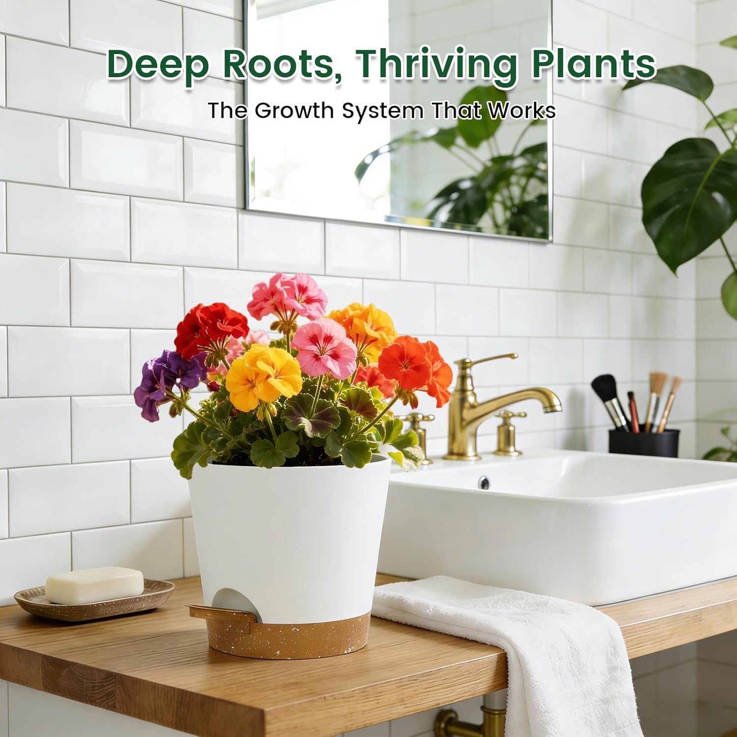 Thumbnail 6 de WSMKSZ 25cm Large Self-Watering Plant Pots (3 Pack) with Deep Reservoirs, Cotton Wicks, White/Brown