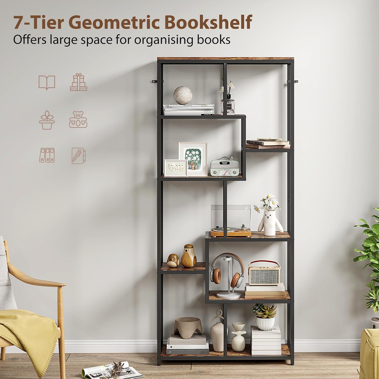 Detalle 2 de HOMCOM 836-639V00BT 7-Tier Geometric Bookcase, Rustic Brown and Black