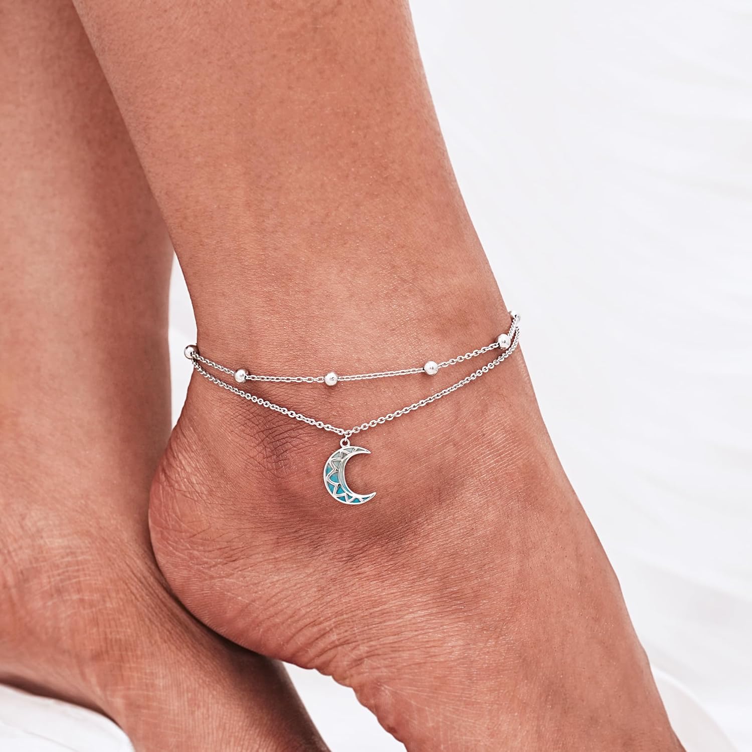 Thumbnail 2 de CHIC & ARTSY Fußkettchen 925 Sterling Silber – verstellbar, Opal-geschichtet, zierlich, mit Herz-Anhänger