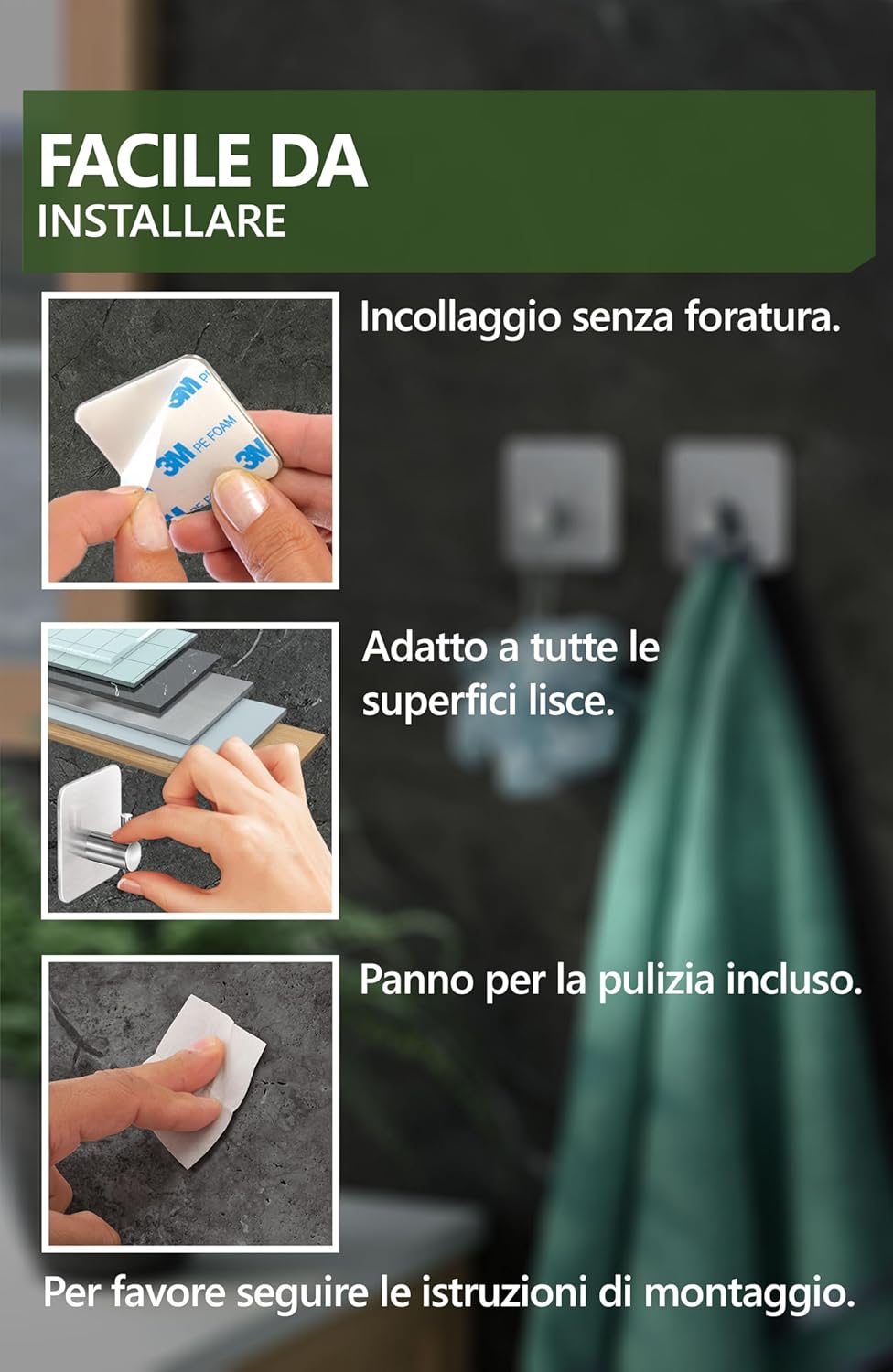 Thumbnail 5 de 4smile Ganci Adesivi per accappatoio e asciugamani, set da 6 in acciaio inox (argento)