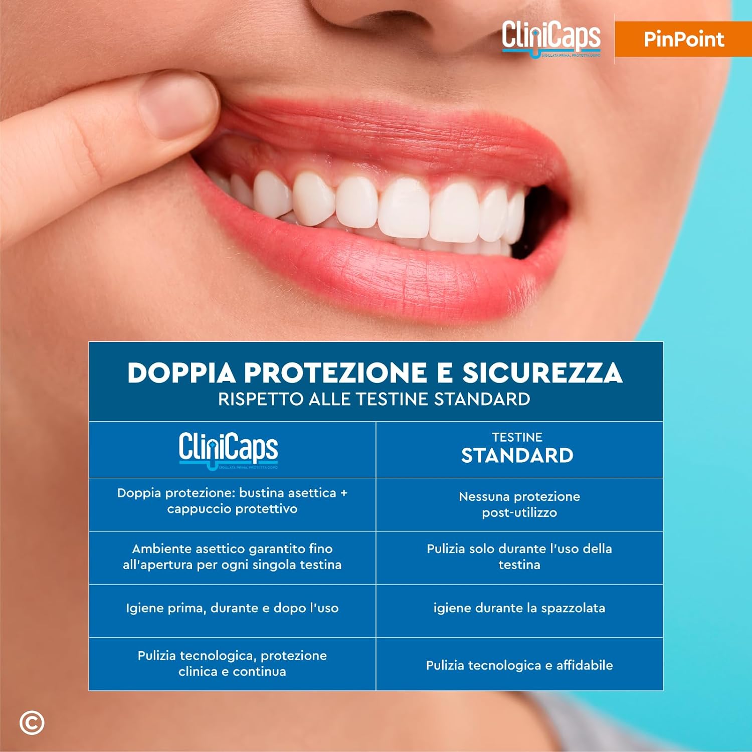Detalle de 20 Testine Spazzolino Elettrico PinPoint CliniCaps: Ricambio Compatibile con Oral-B, Con Bustina Asettica e Cappuccio Protettivo