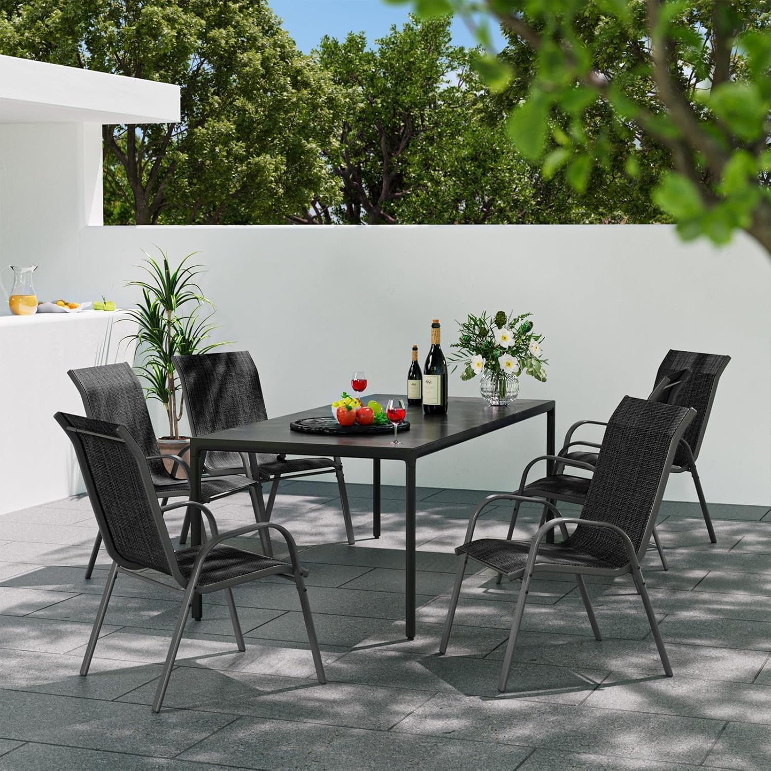 Detalle de UDPATIO Set di 6 Sedie da Giardino Impilabili Nero – Textilene, Schienale Alto e Braccioli (62 x 67 x 96 cm)