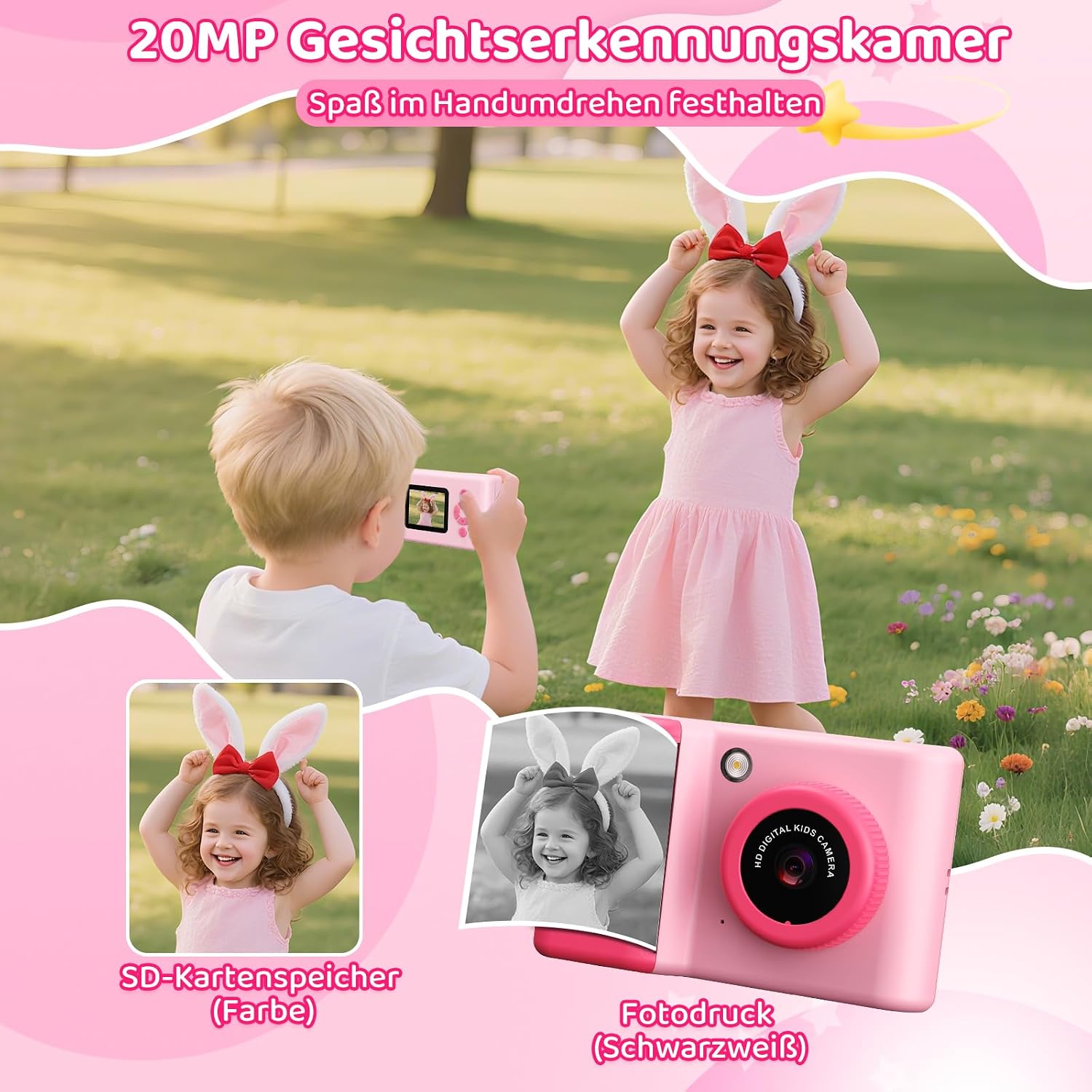 Detalle de uleway Kinder-Sofortbildkamera mit 2,4" Bildschirm, 32GB Karte & Sofortdruck (Rosa)