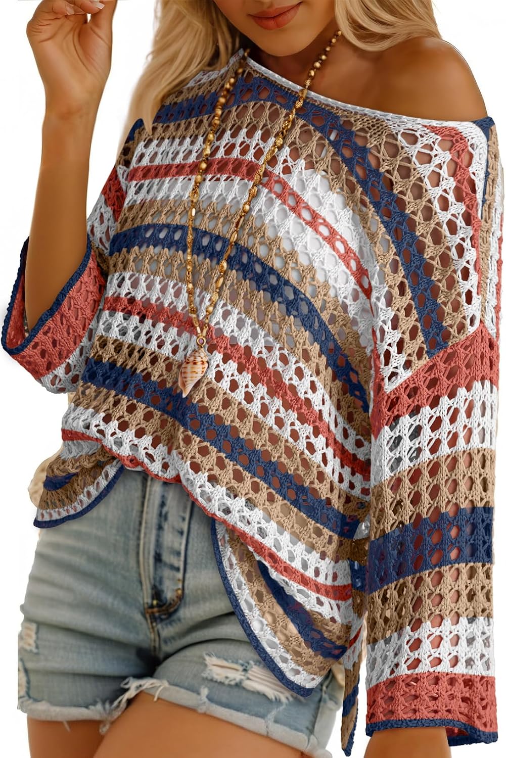 Detalle de Dokotoo Womens Spring/Summer 3/4 Sleeve Crochet Hollow Out Color Block Top