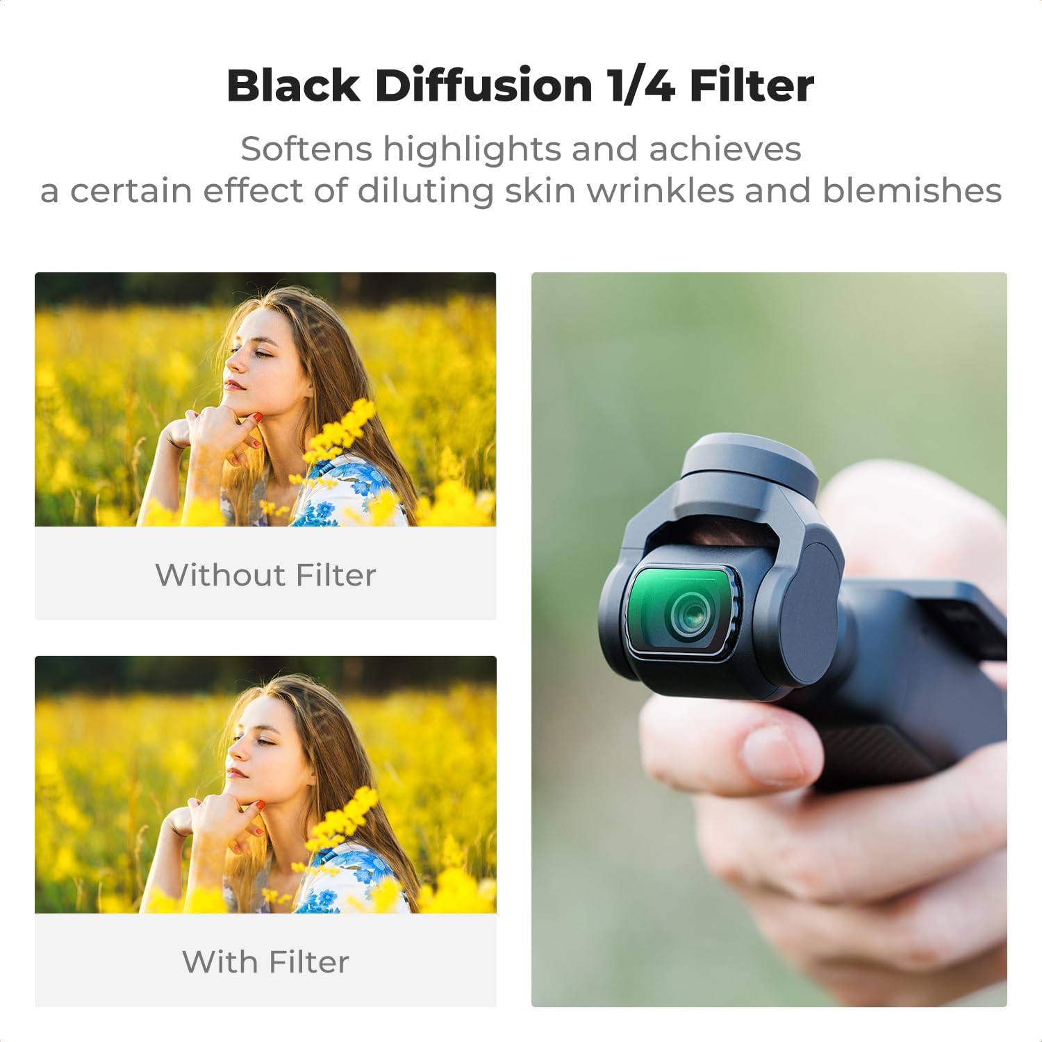 Detalle 2 de K&F CONCEPT FSD01 Filters Kit for DJI Osmo Pocket 3/4 – 4-Pack with Magnetic CPL, Wide Angle, ND2-32 and Black Diffusion 1/4