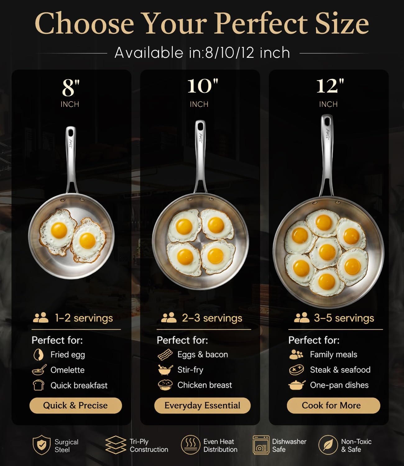 Thumbnail 3 de Lebof 12 Inch Stainless Steel Pan with Lid (5-Ply Clad Base) — 800℉ Safe Frying Pan for Induction, Gas, Electric & Oven