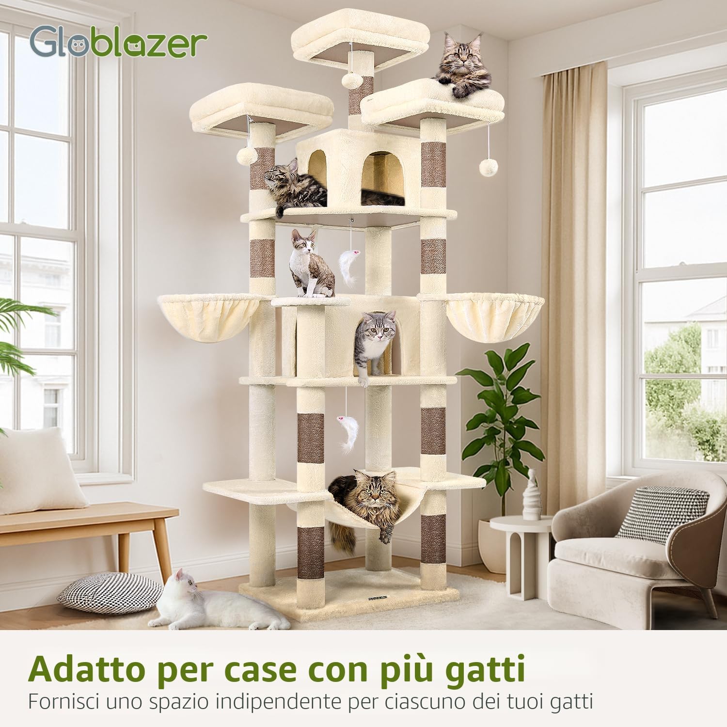 Thumbnail 6 de Globlazer Tiragraffi per Gatti Grandi Beige alto 204 cm con 3 posatoi imbottiti, 2 grotte e amaca