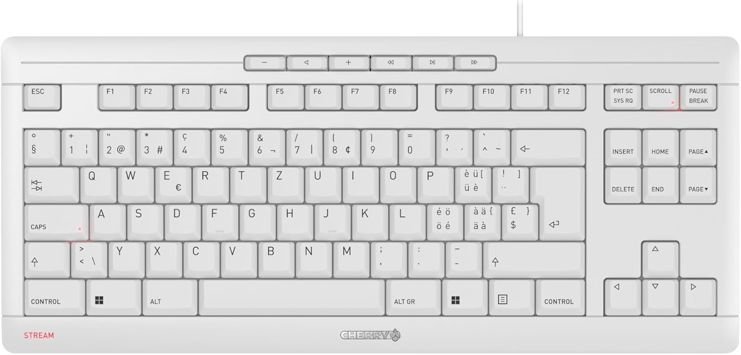 Detalle de CHERRY STREAM KEYBOARD TKL JK-8600CH-0 – przewodowa klawiatura QWERTZ, cicha, biało-szara