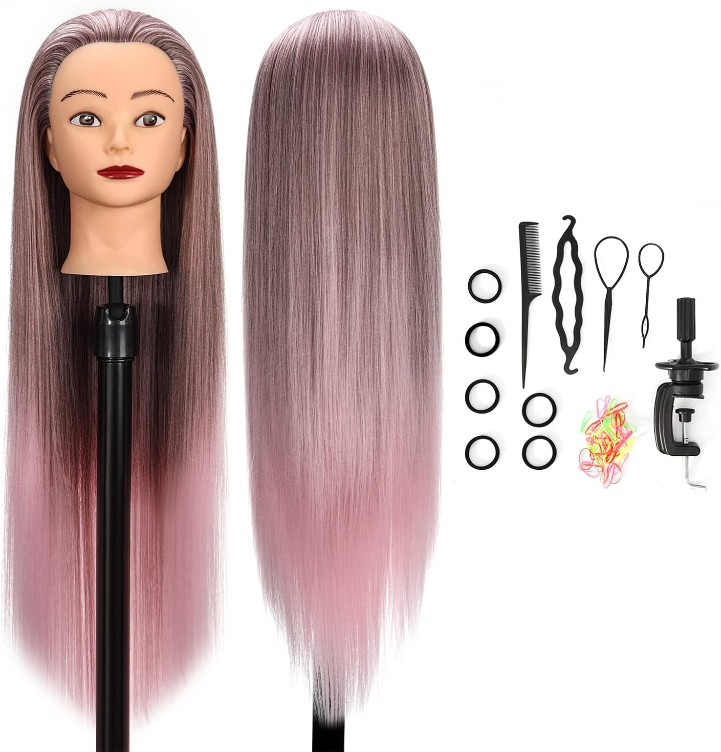 Detalle de GUANJUNE Mannequin Head: 26-28 Inch Synthetic Hair Training Head with Clamp Holder & Accessories – Gradient Pink