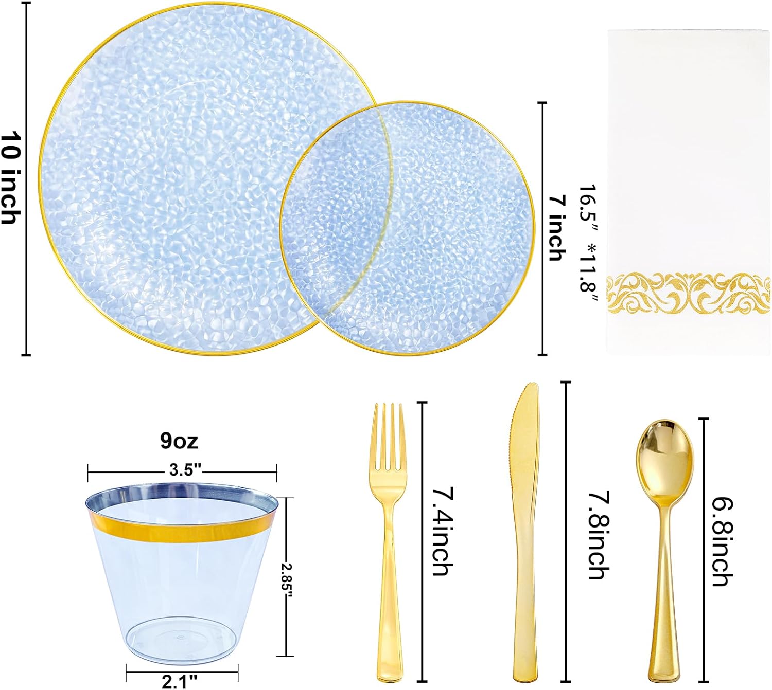 Thumbnail 1 de Rubtlamp 350 Pcs Blue Gold Hammered Plastic Dinnerware Set for 50 Guests