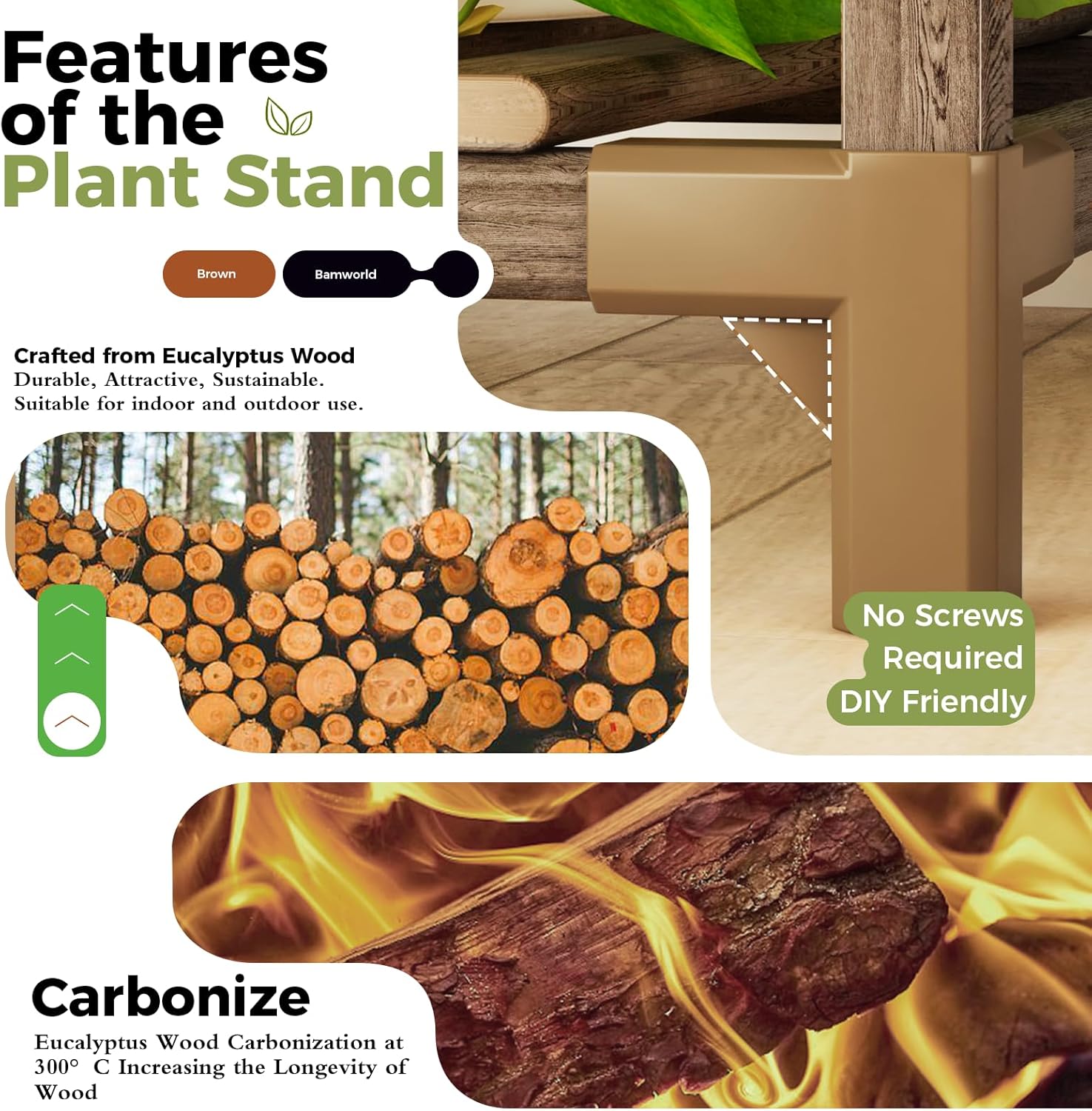 Detalle de Bamworld plant stand with wheels — 3-tier wooden ladder shelf for indoor and outdoor pots