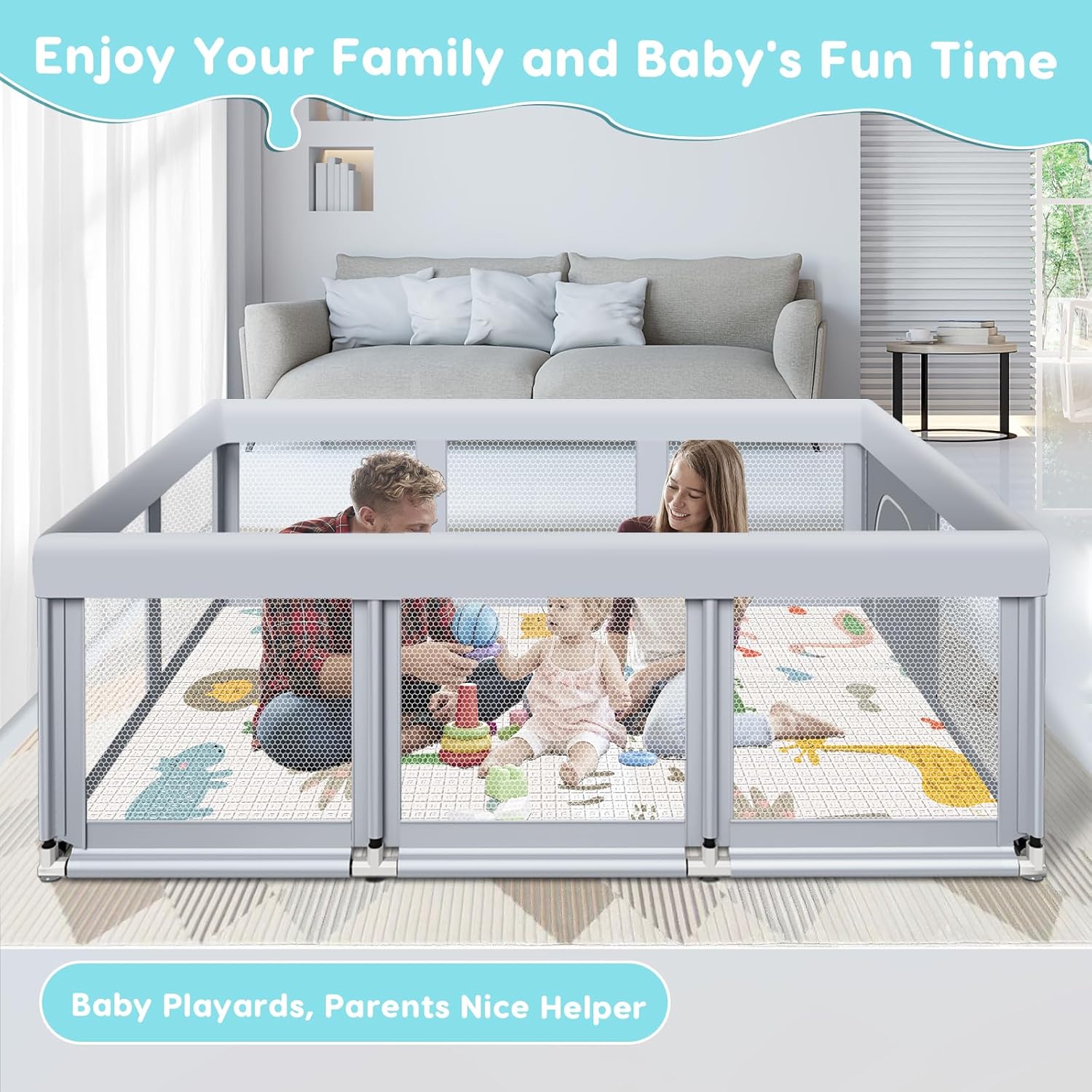 Thumbnail 1 de Fshibila 74" × 50" Large Baby Playpen (Baby Playard) with Breathable Mesh, Anti-Fall Safety & Mat