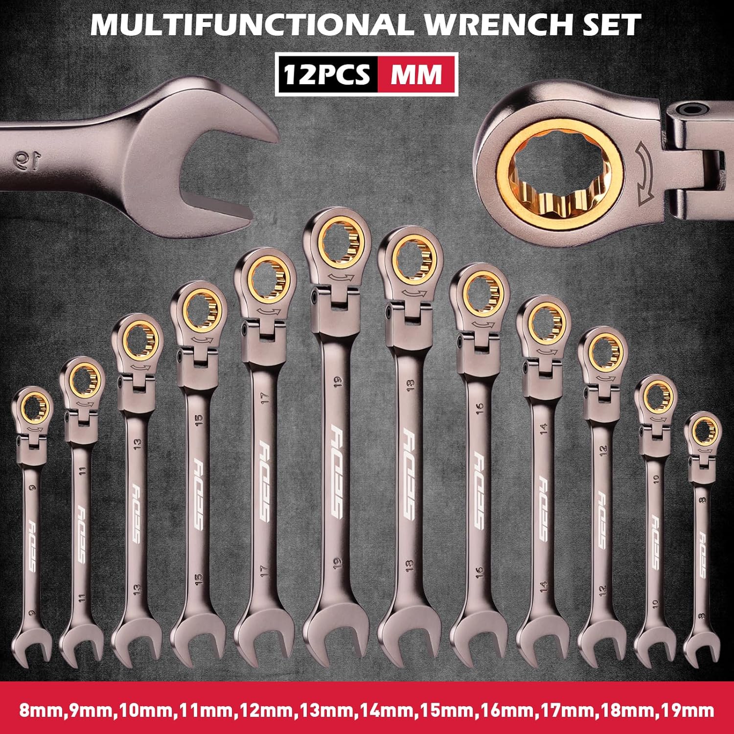 Detalle 2 de SEDY 81179 12-Piece Metric Flex-Head Ratcheting Wrench Set, 8-19mm, 72-Tooth
