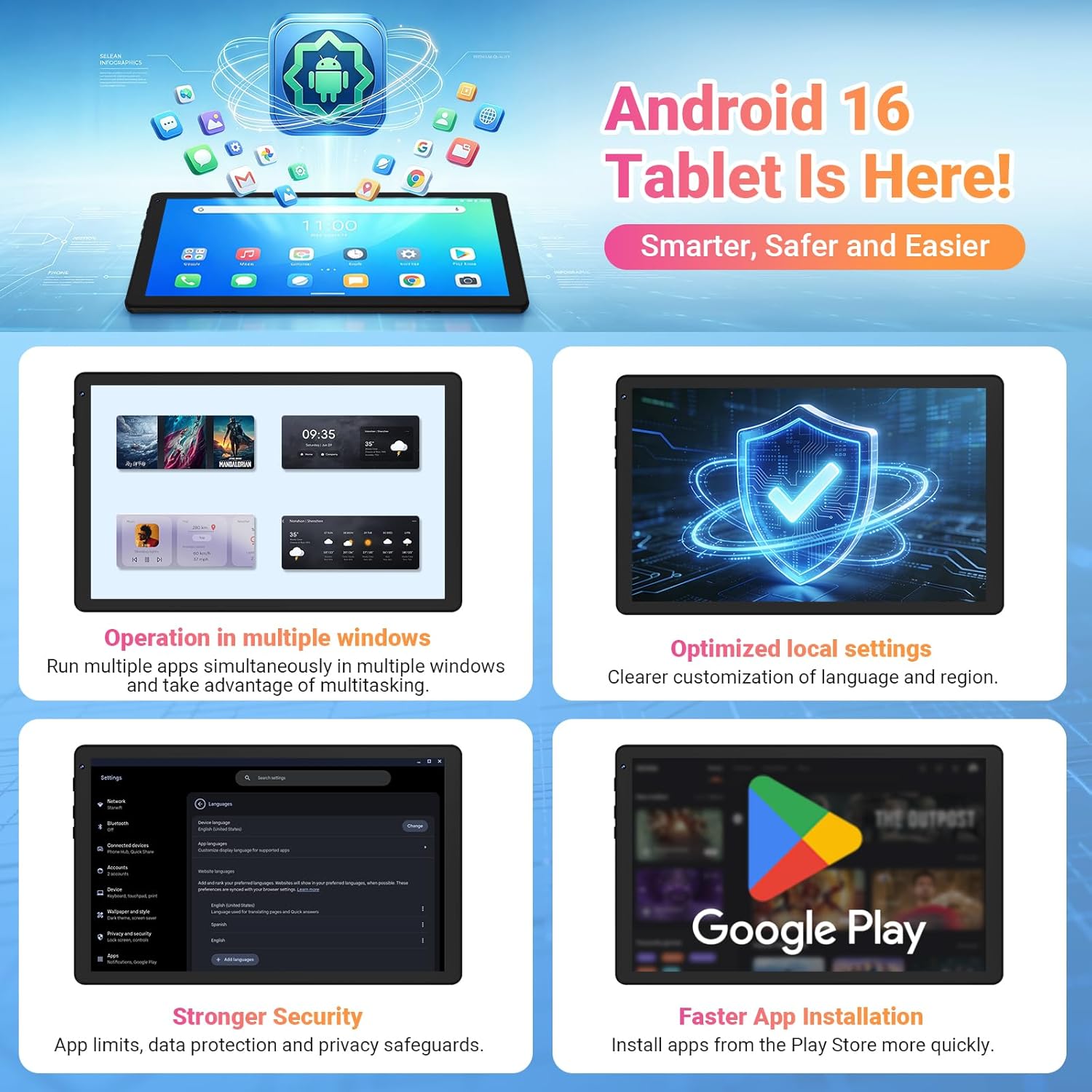 Thumbnail 3 de Gleeso 10-inch Android 16 Tablet (16GB RAM, 1TB TF, Widevine L1, BT 5.4/5G WiFi) with Face Unlock – Black