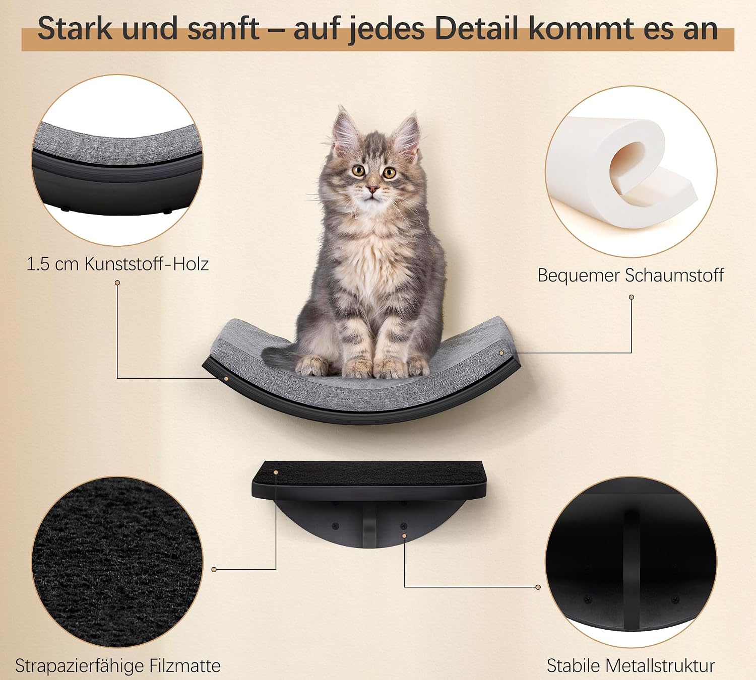 Detalle 2 de Gebogenes Katzen-Wandregal: Wandmontierte Kletterwand mit Schaumstoffkissen aus HDPE-Material