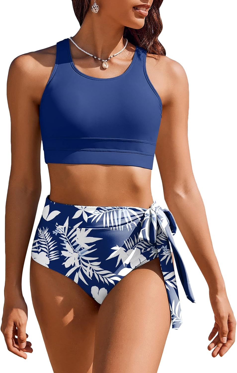 Detalle de AI'MAGE Femme - Maillots de Bain Deux Pièces Taille Haute Rembourré, Imprimés Léopard/Tropical - S à XXL