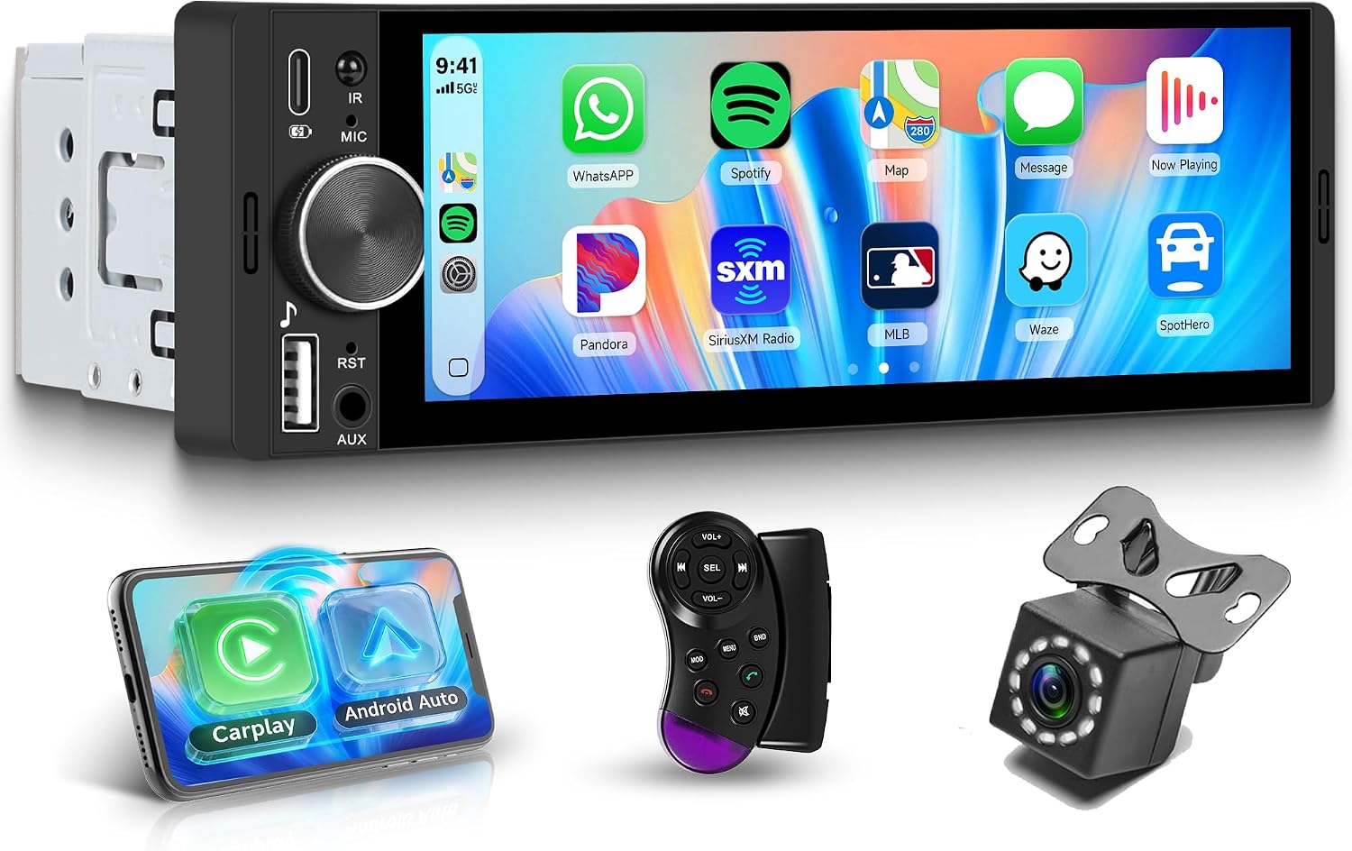 Detalle de Rimoody Autoradio 1 Din con Wireless CarPlay, Android Auto y Mirror Link 6.28" IPS Touchscreen