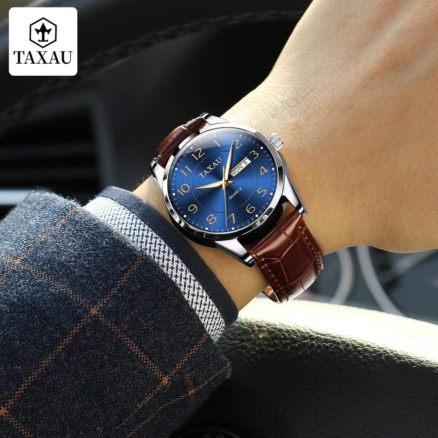 Thumbnail 5 de Taxau Klassische Lederuhr für Herren – Analog, Quarz, Big Dial mit Lumen- & Day-Date-Anzeige