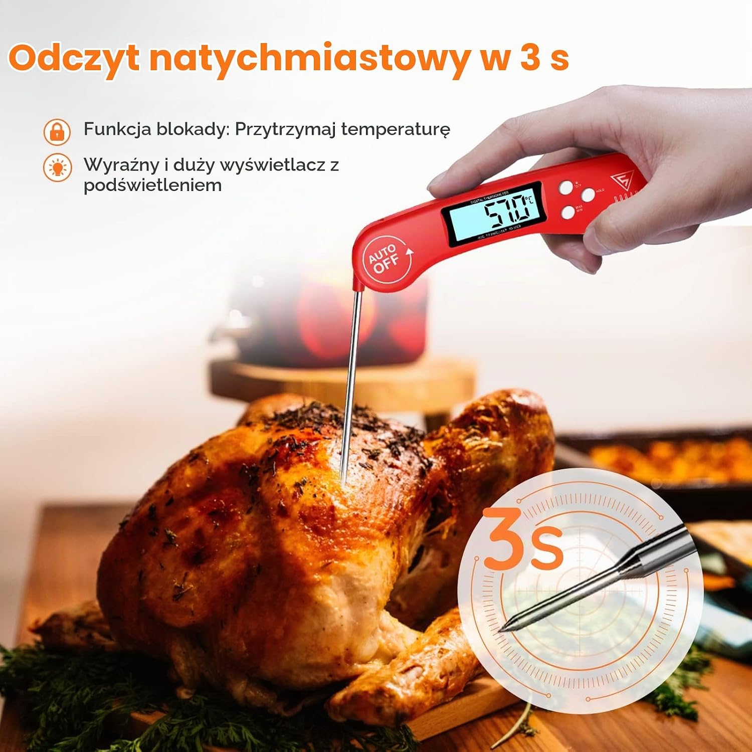 Detalle de DOQAUS CP1 – cyfrowy termometr do mięsa z podświetleniem i składaną sondą