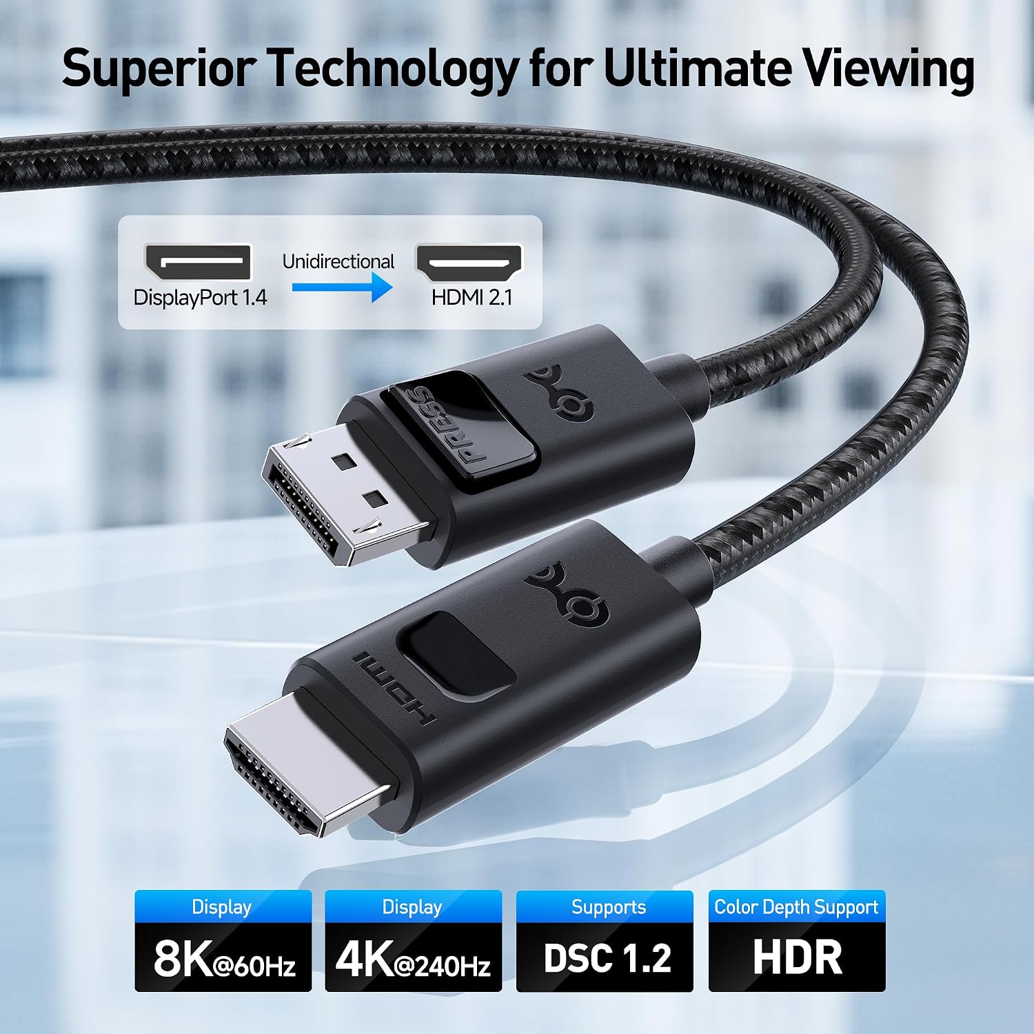 Detalle de Cable Matters Uni-Directional 8K DisplayPort to HDMI 2.1 Cable — 6ft (DP 1.4 to HDMI 2.1) for 4K 240Hz / 8K 60Hz