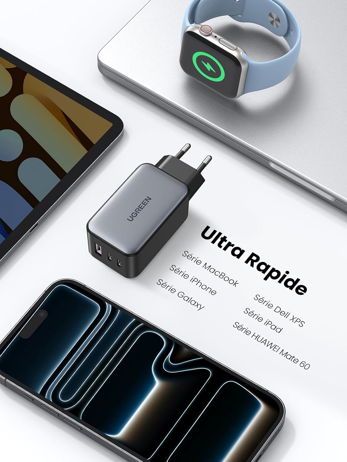 Detalle de UGREEN Nexode 65W Chargeur USB-C 3 Ports GaN – Noir