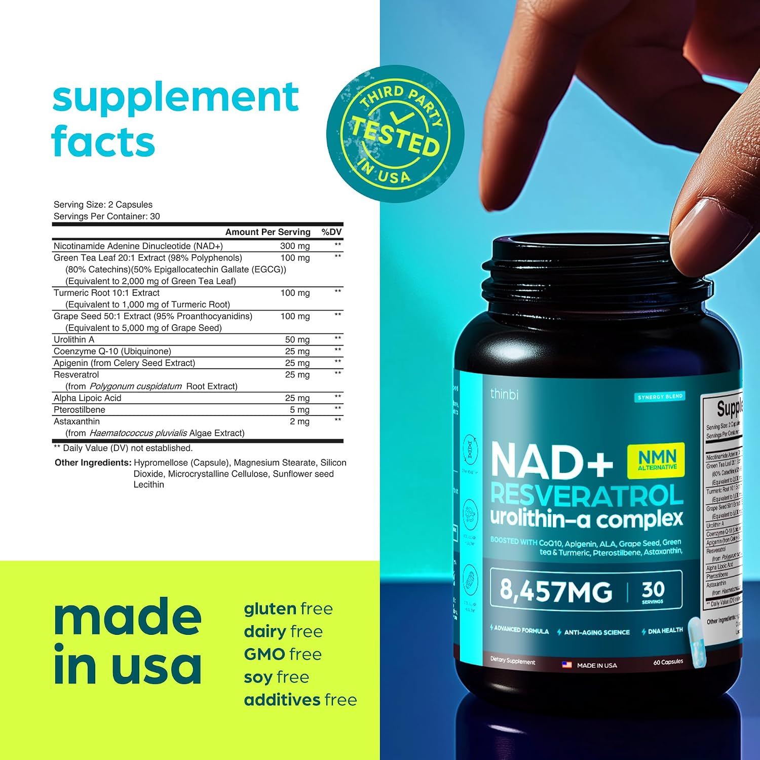 Thumbnail 6 de Thinbi Liposomal NAD+ Supplement with Resveratrol, Urolithin A & CoQ10, 60 Count