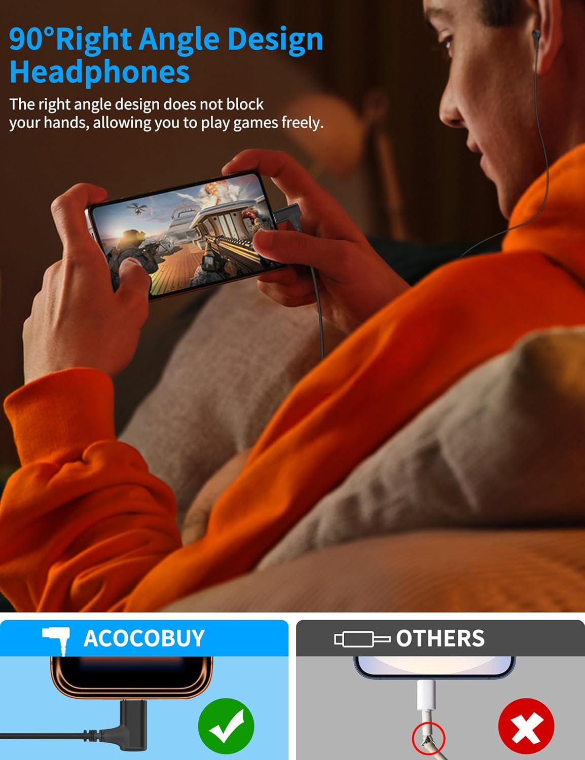 Thumbnail 5 de ACOCOBUY USB-C Earphones with Microphone (Right-Angle Type C Wired Earbuds) for Samsung, iPhone and Pixel – Black