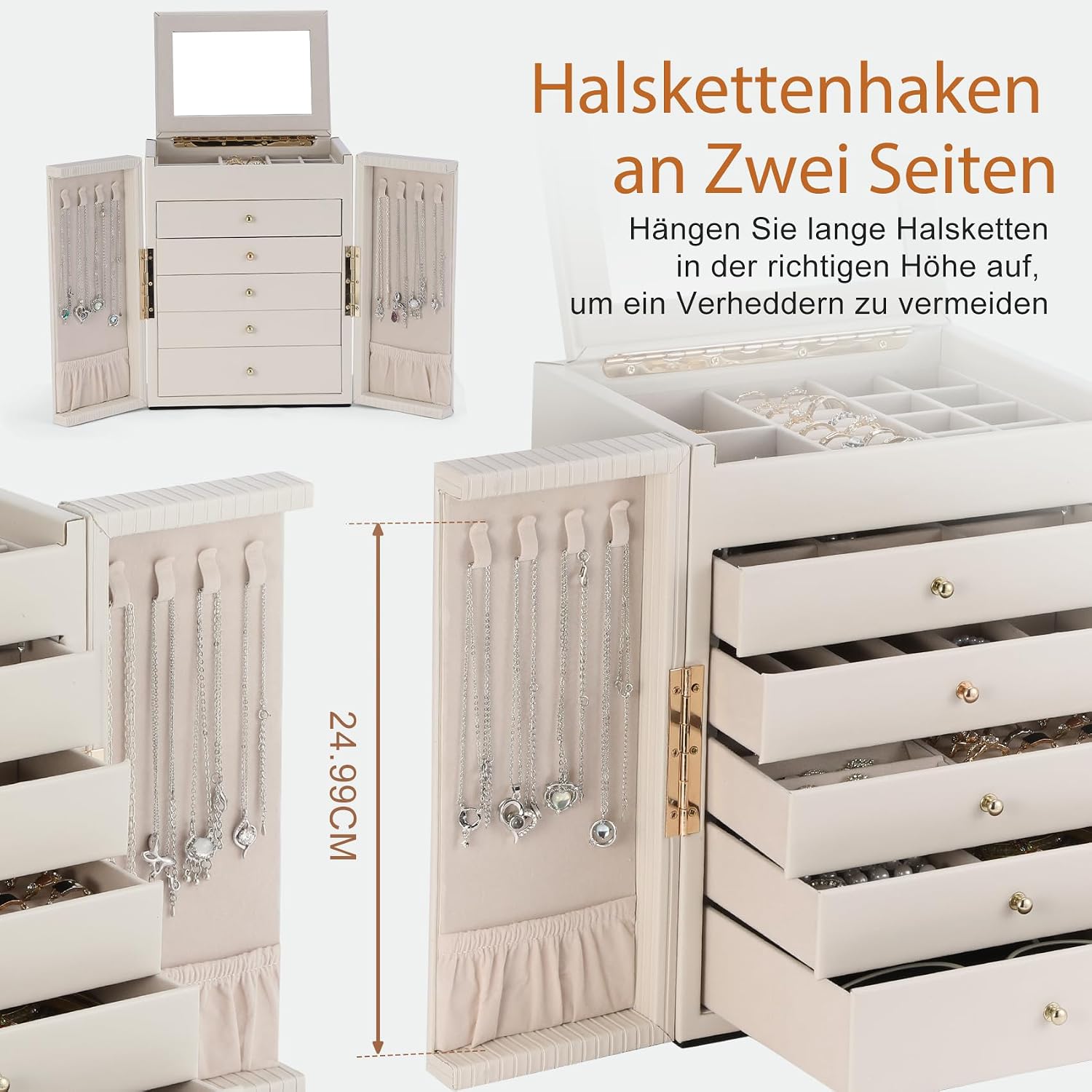 Detalle de Dajasan Groß Schmuckaufbewahrung – 6 Ebenen Schmuckkästchen mit Spiegel, Ledertextur und Doppeltür (Beige)