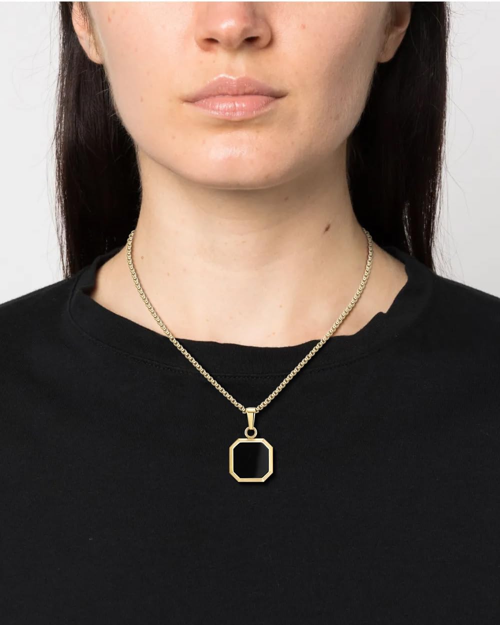 Detalle de TUNGSTORY Edelstahl vergoldete Halskette mit schwarzem Onyx (45 + 6 cm) – minimalistisch, Unisex