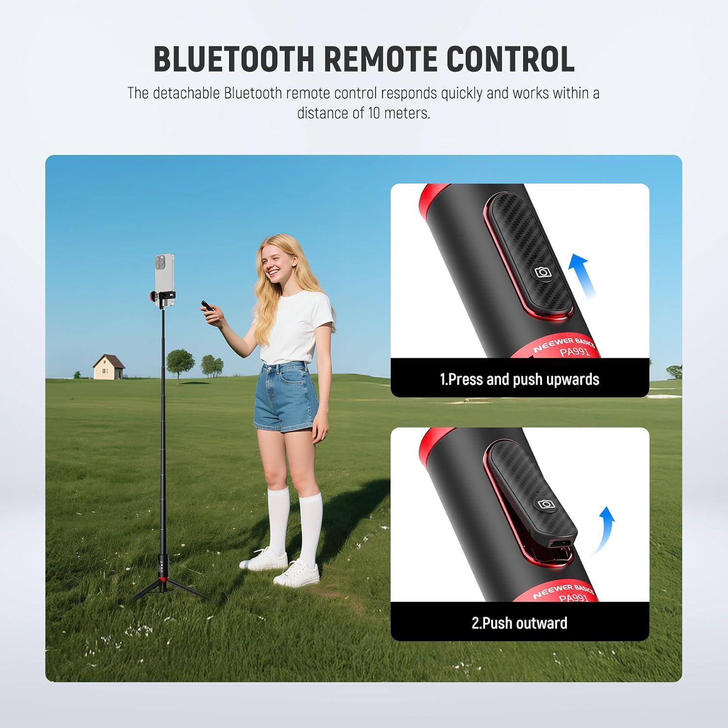 Detalle de NEEWER Basics PA991 adjustable selfie stick tripod with phone holder and rechargeable remote