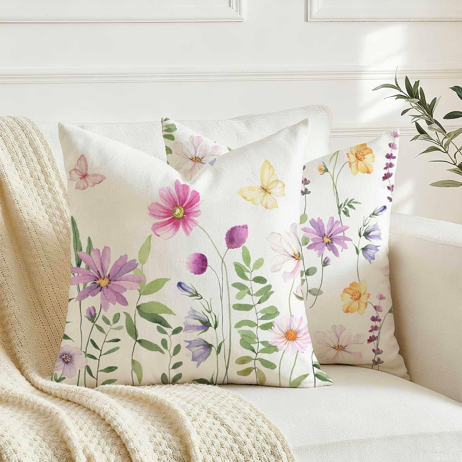 Detalle de Avalune Kissenbezug 50x50 cm Frühling Leinenoptik – Blumen Rosa/Grün, 2er Set