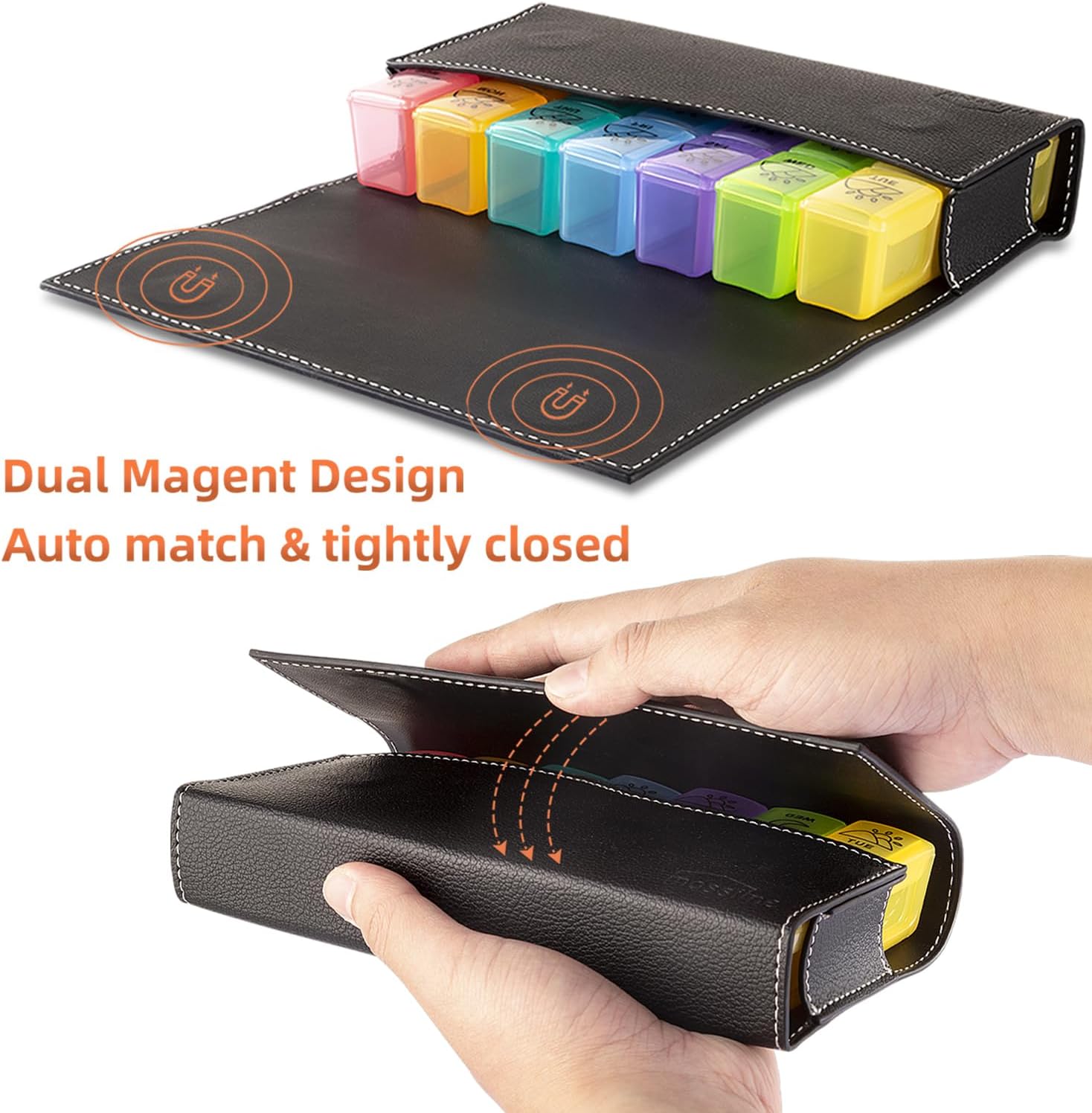 Detalle de Weekly Pill Boxes 3 Times a Day — 7 Day Pill Organiser in a Magnetic PU Leather Case